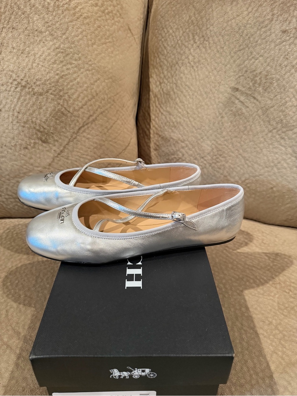 Coach Silver Leather Cross-Strap Ballet Flats